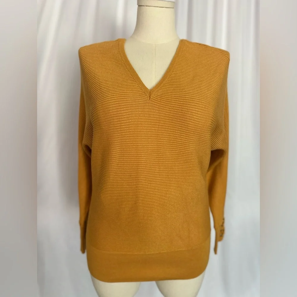 Tribekka 44 Mustard Ribbed V-Neck Sweater Lace-Up Sleeve Detail Size L(1243) - Picture 3 of 14